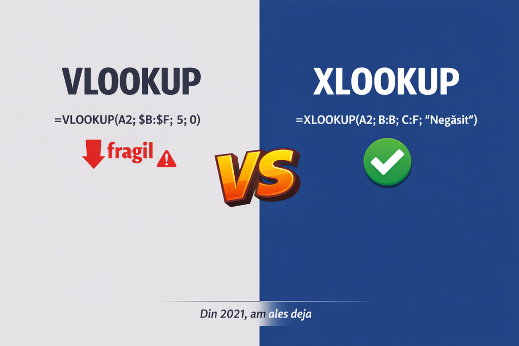 VLOOKUP vs XLOOKUP comparatie Excel pentru rapoarte de vanzari B2B