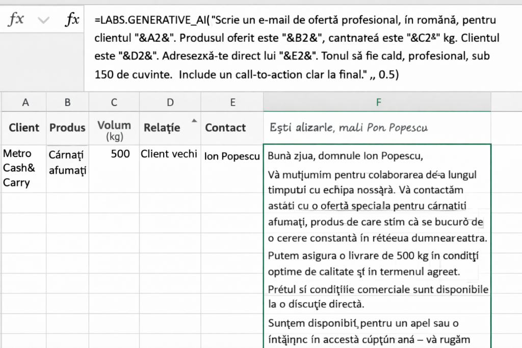 Funcția LABS.GENERATIVE_AI în Excel generând un e-mail de ofertă personalizat dintr-un tabel de vânzări B2B